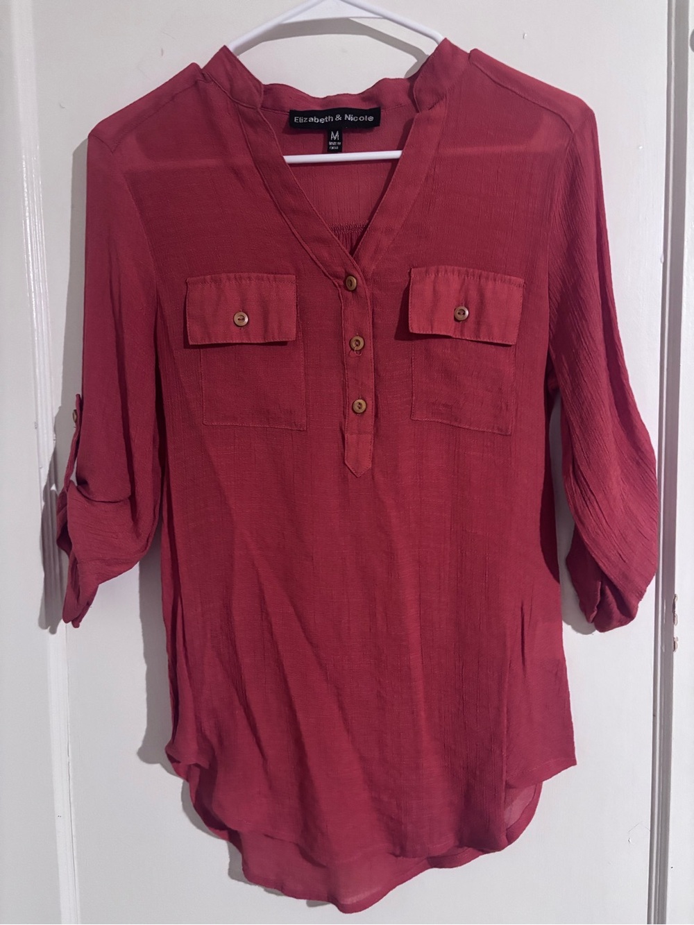 Mauve Button-Front Tunic with Roll-Tab Sleeves red orange